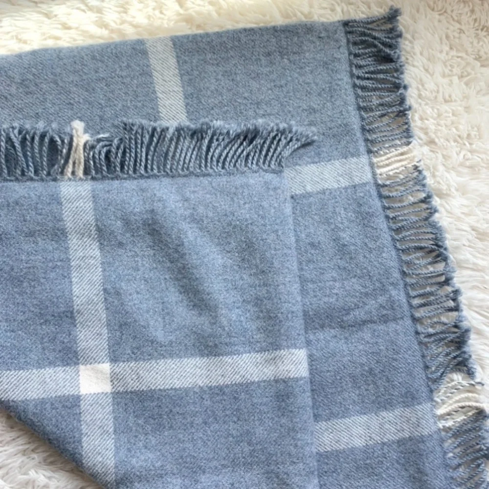 Serena & Lily Avery Alpaca Fringed Pillow Cover in blue windowpane check